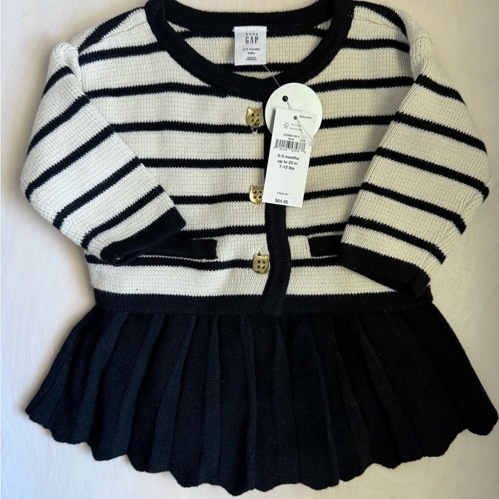 Baby Gap 0-3 month 2-piece set, stripe knit sweater with pleated black skirt